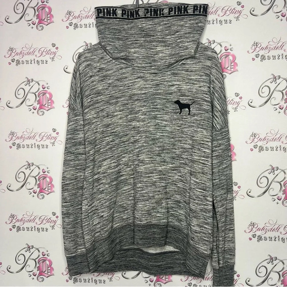 PINK Victoria's Secret Tops - Victoria secret pink pull over hoodie sweater grey logo print neckline cozy